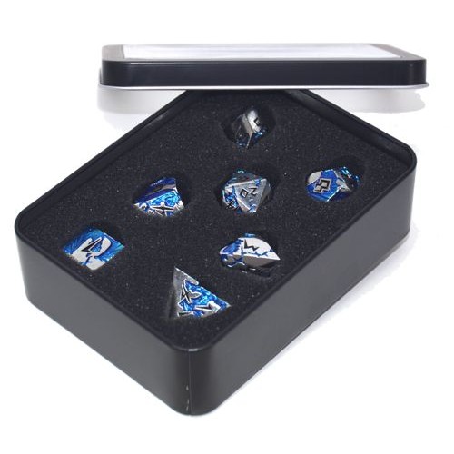 Dobbelstenen Set Metaal Silver/Blauw 'Draak'
